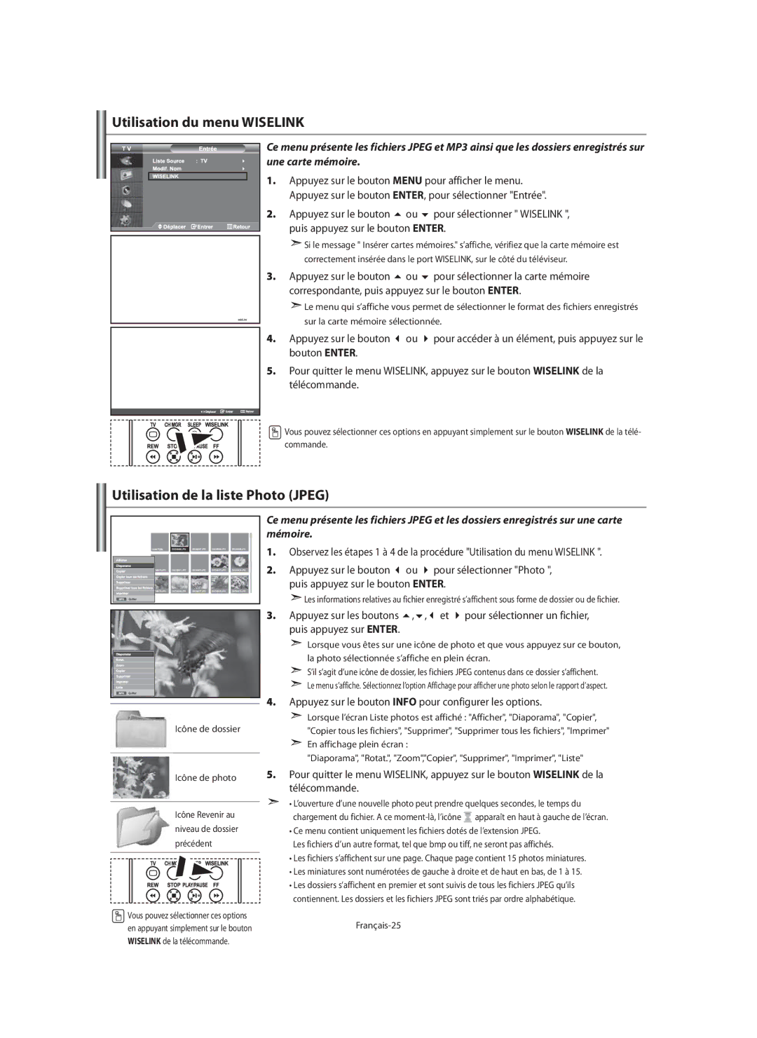 Samsung LE32N7, LE46N7, LE40N7 manual Utilisation du menu Wiselink, Utilisation de la liste Photo Jpeg, Français-25 