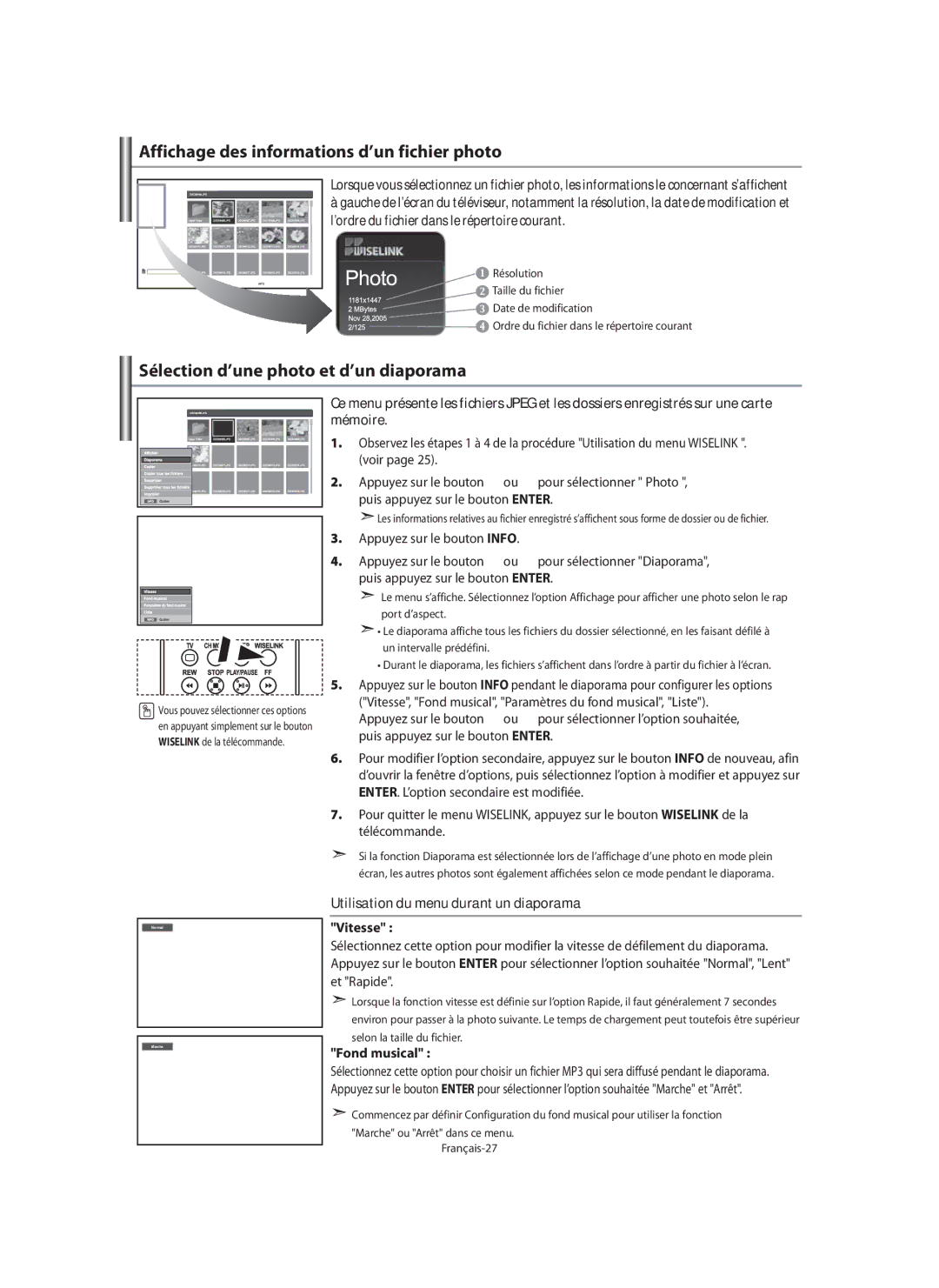 Samsung LE40N7, LE46N7 Affichage des informations d’un fichier photo, Sélection d’une photo et d’un diaporama, Vitesse 