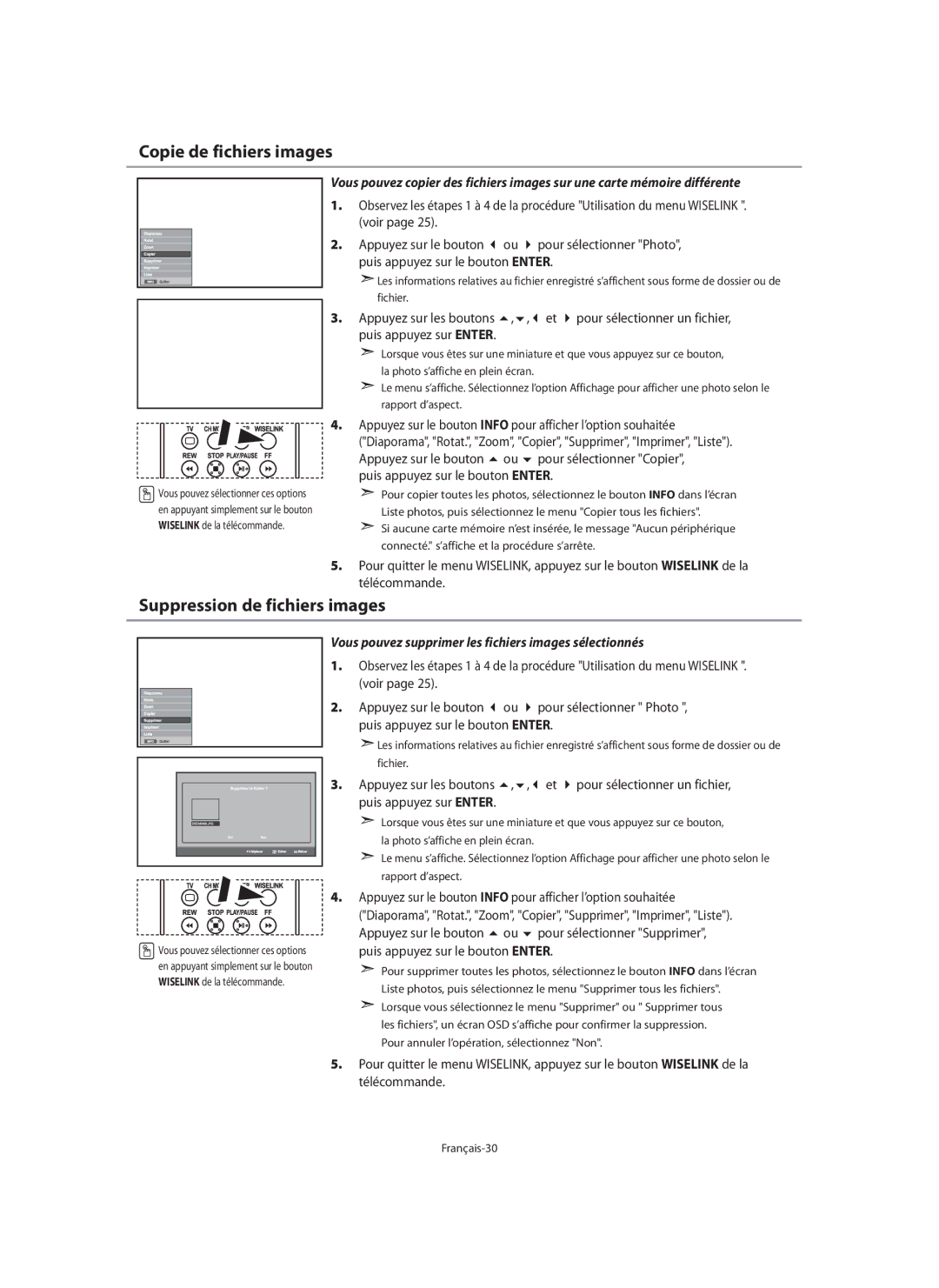 Samsung LE40N7, LE46N7, LE32N7 manual Copie de fichiers images, Suppression de fichiers images, Français-30 