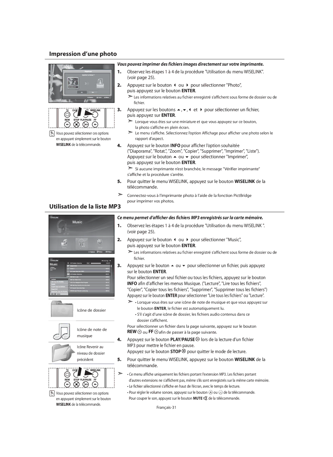 Samsung LE32N7, LE46N7, LE40N7 manual Impression d’une photo, Utilisation de la liste MP3, Français-31 