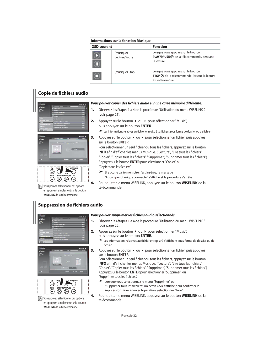 Samsung LE46N7, LE40N7, LE32N7 manual Copie de fichiers audio, Suppression de fichiers audio, Copier tous les fichiers 