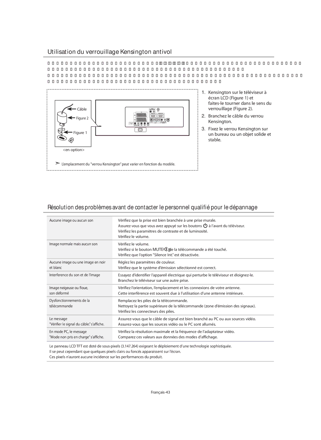 Samsung LE32N7, LE46N7, LE40N7 manual Utilisation du verrouillage Kensington antivol, Câble 