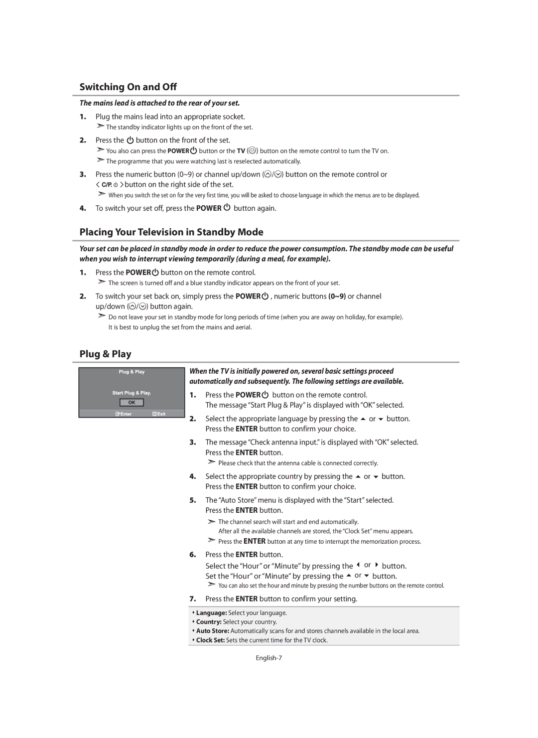 Samsung LE46N7, LE40N7, LE32N7 manual Switching On and Off, Placing Your Television in Standby Mode, Plug & Play 