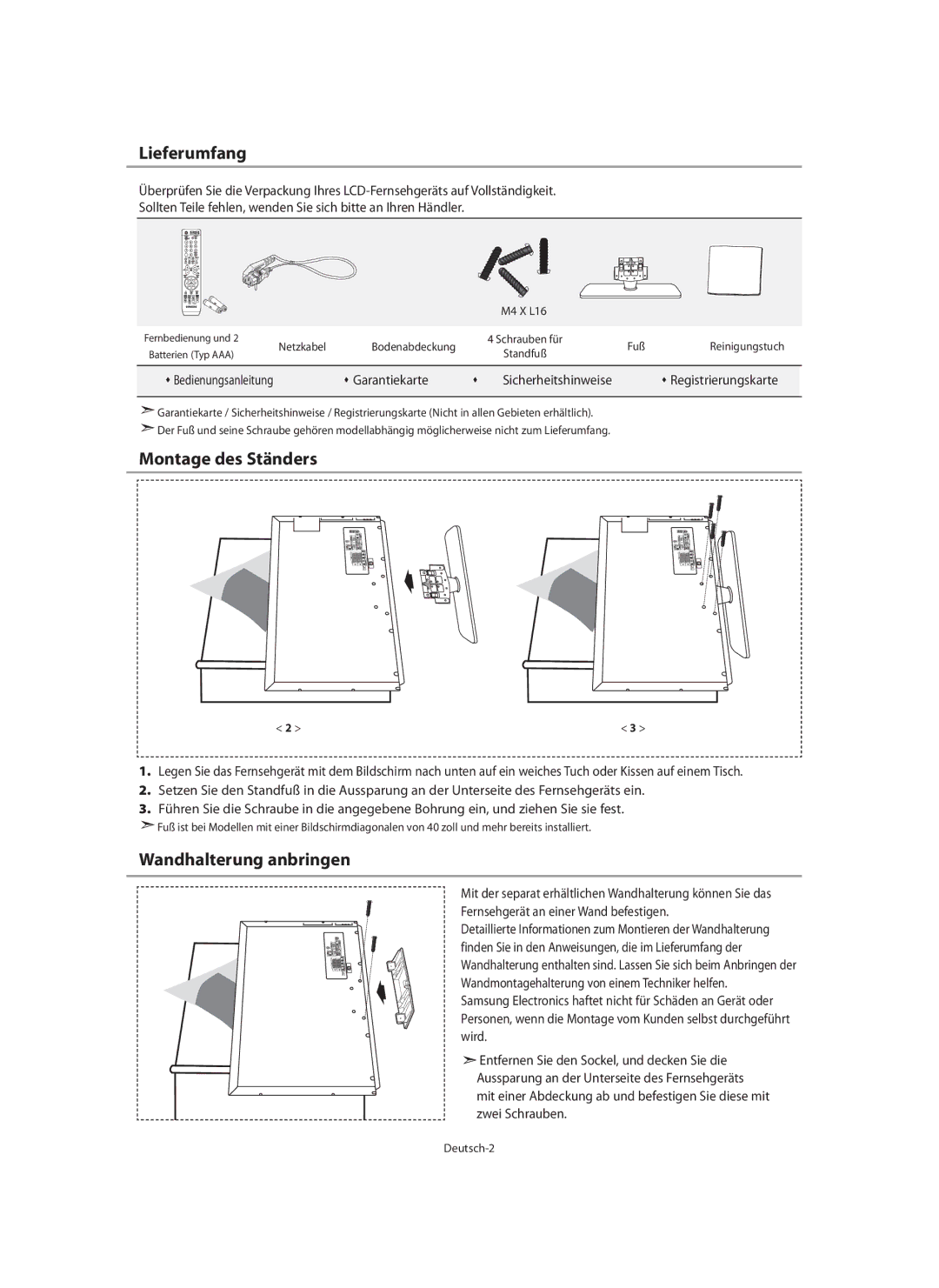 Samsung LE32N7, LE46N7, LE40N7 manual Lieferumfang, Montage des Ständers, Wandhalterung anbringen, Deutsch-2 