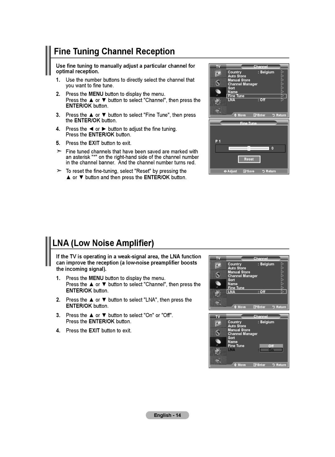 Samsung LE37S8, LE46S8, LE32S8, LE40S8, LE26S8 manual Fine Tuning Channel Reception, LNA Low Noise Amplifier 