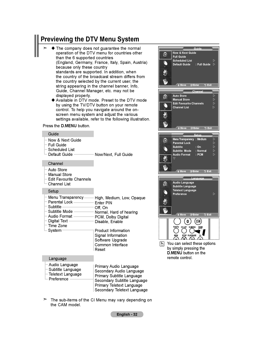 Samsung LE26S8, LE46S8, LE37S8 Previewing the DTV Menu System, Guide, Channel Manager, etc. may not be displayed properly 