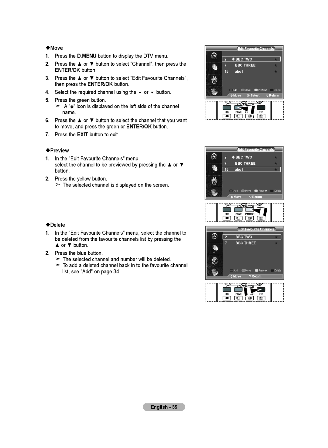 Samsung LE32S8, LE46S8, LE37S8, LE40S8, LE26S8 manual Move, Preview, Delete 