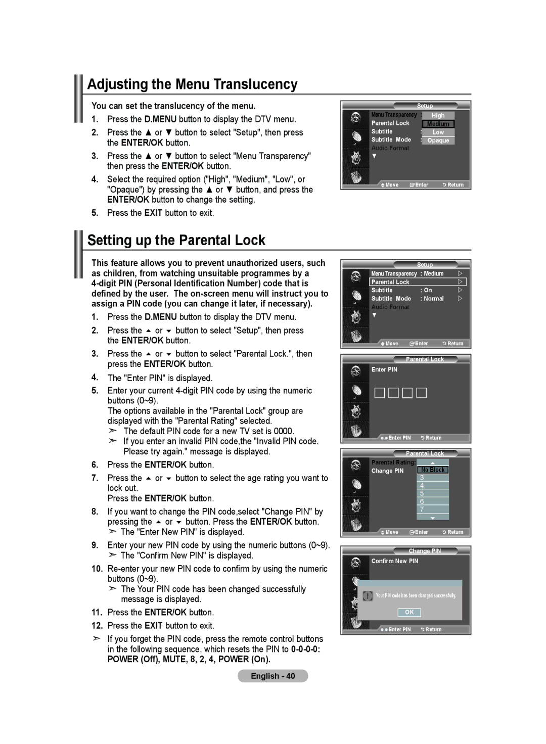 Samsung LE32S8 Adjusting the Menu Translucency, Setting up the Parental Lock, You can set the translucency of the menu 