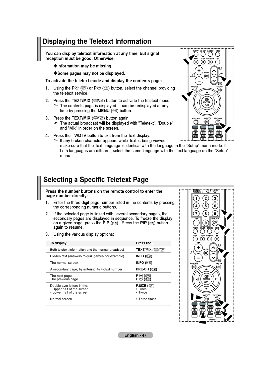 Samsung LE26S8, LE46S8 manual Displaying the Teletext Information, Selecting a Specific Teletext, Mix in order on the screen 