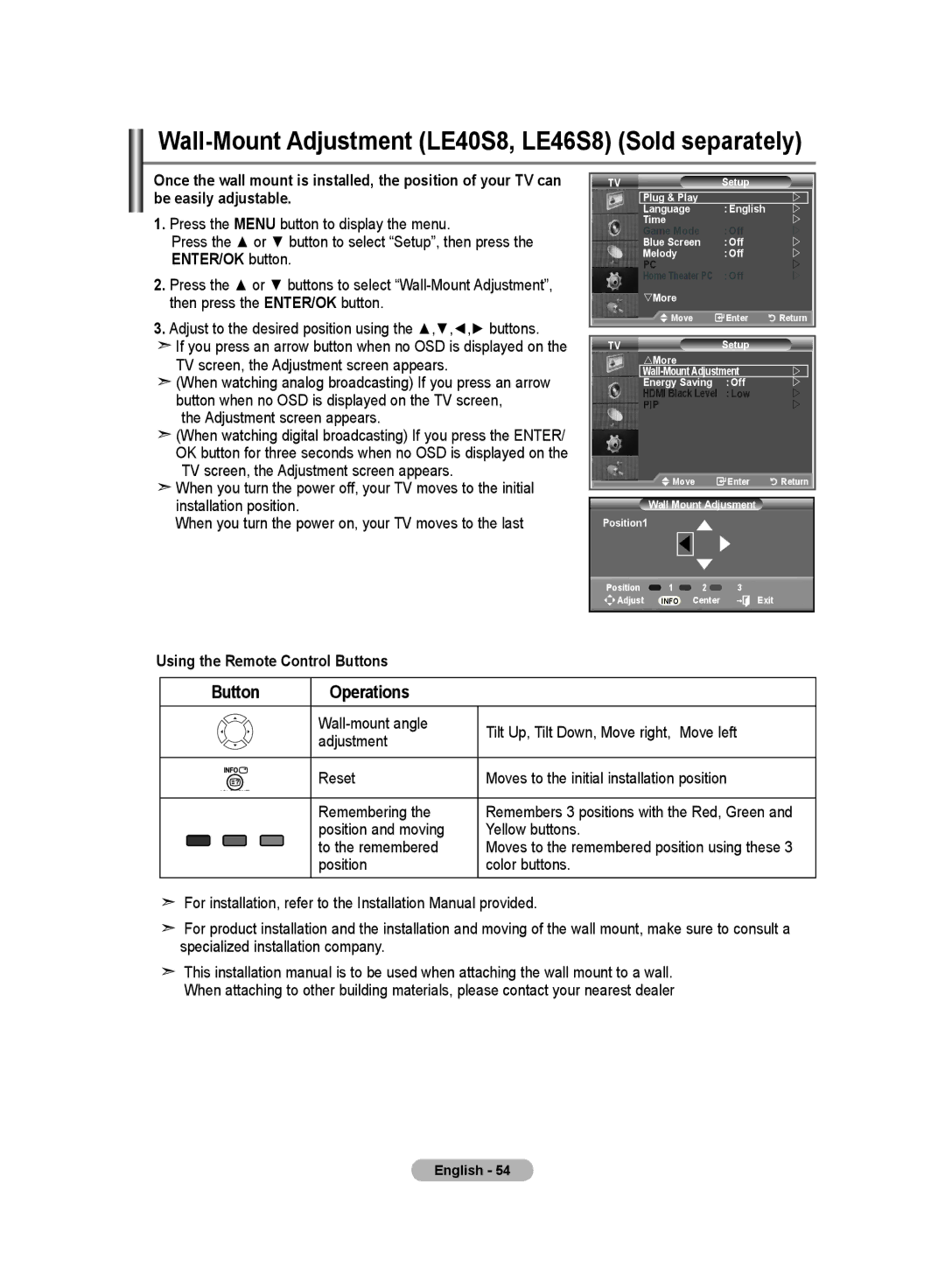 Samsung LE37S8, LE32S8, LE26S8 manual Wall-Mount Adjustment LE40S8, LE46S8 Sold separately, Adjustment screen appears 