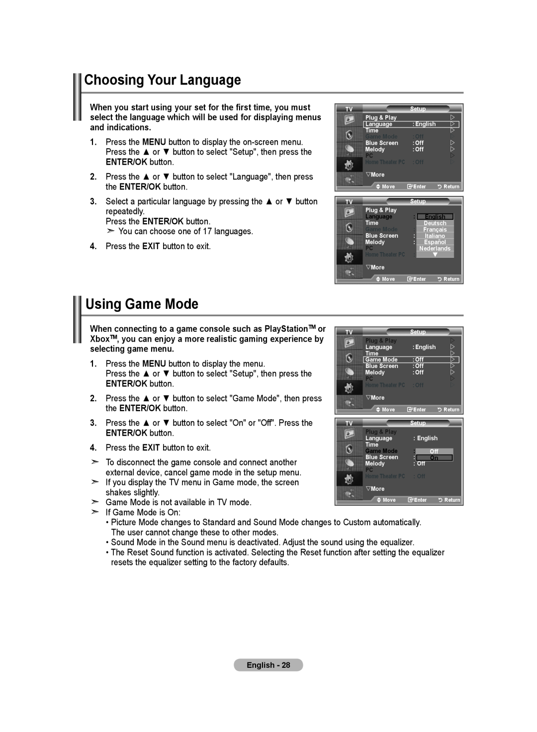 Samsung LE46S8, LE37S8, LE32S8, LE40S8, LE26S8 manual Choosing Your Language, Using Game Mode, ENTER/OK button 