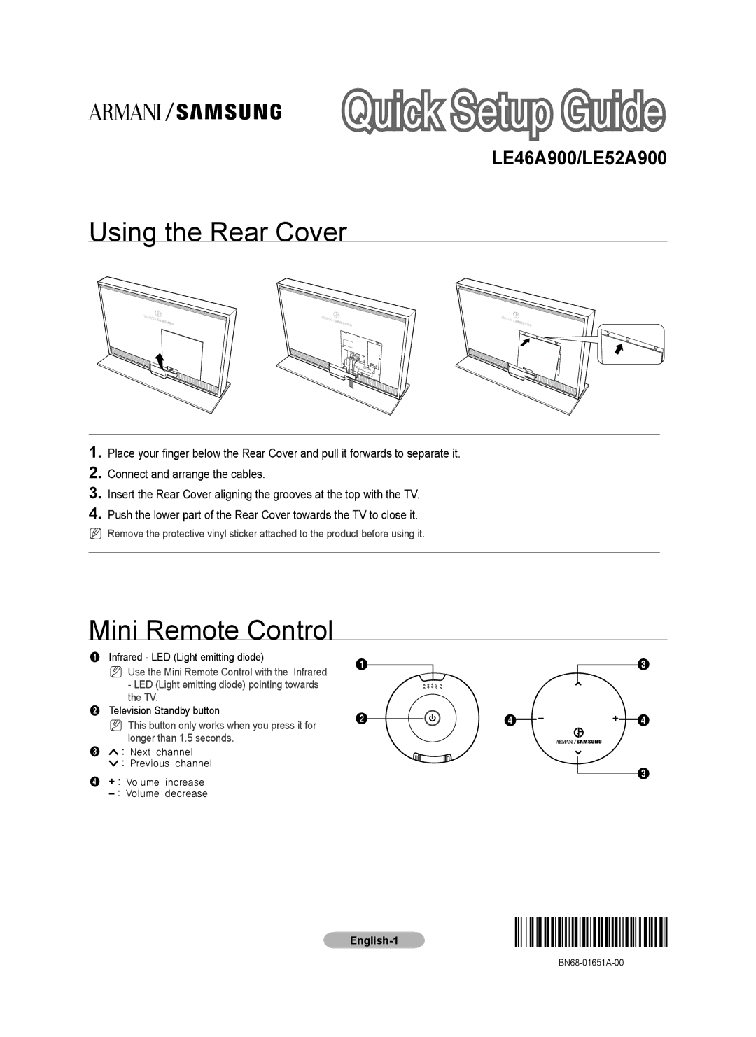 Samsung LE46A900, LE52A900 manual Using the Rear Cover, Mini Remote Control 