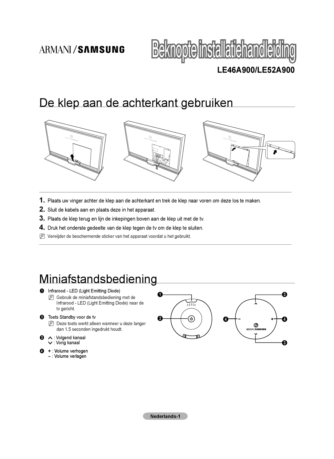 Samsung LE46A900, LE52A900 manual De klep aan de achterkant gebruiken, Miniafstandsbediening 