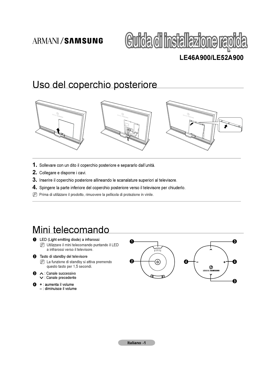 Samsung LE46A900, LE52A900 manual Uso del coperchio posteriore, Mini telecomando 