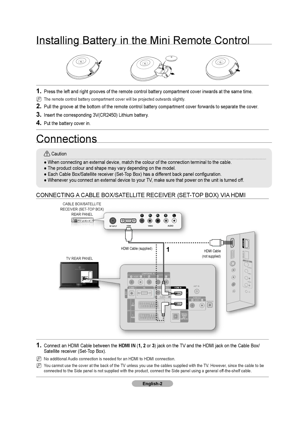 Samsung LE52A900, LE46A900 manual Installing Battery in the Mini Remote Control, Connections 