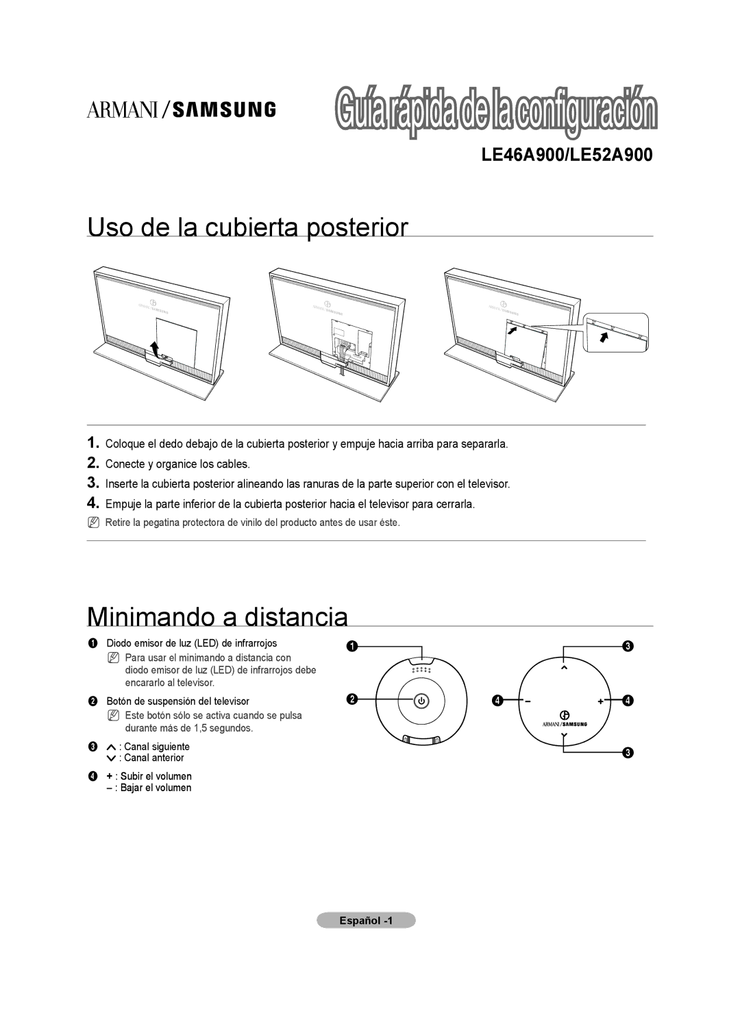 Samsung LE46A900, LE52A900 manual Uso de la cubierta posterior, Minimando a distancia 