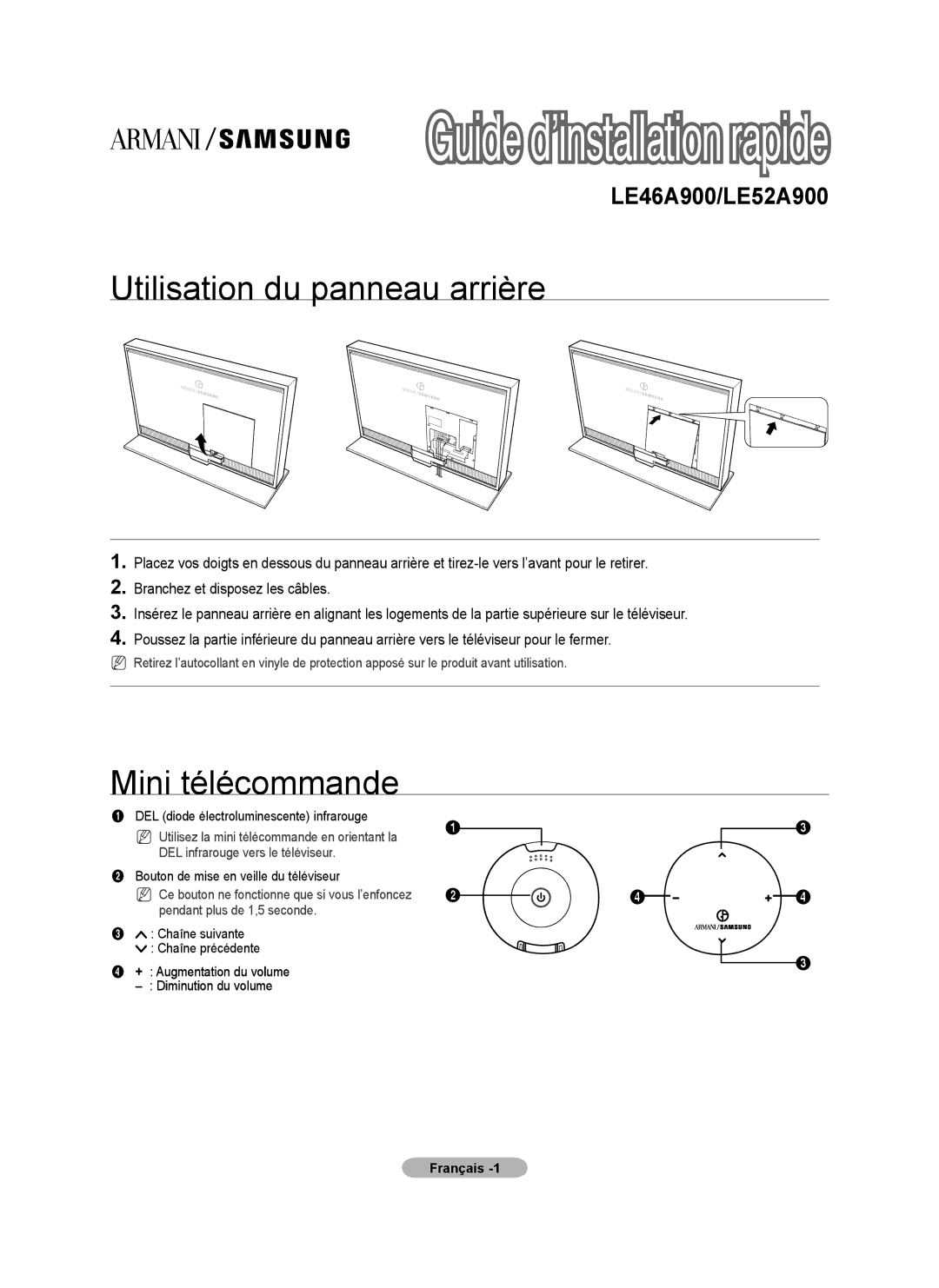 Samsung LE46A900, LE52A900 manual Utilisation du panneau arrière, Mini télécommande 