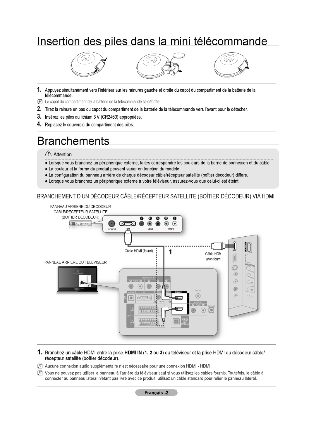 Samsung LE52A900, LE46A900 manual Insertion des piles dans la mini télécommande, Branchements 