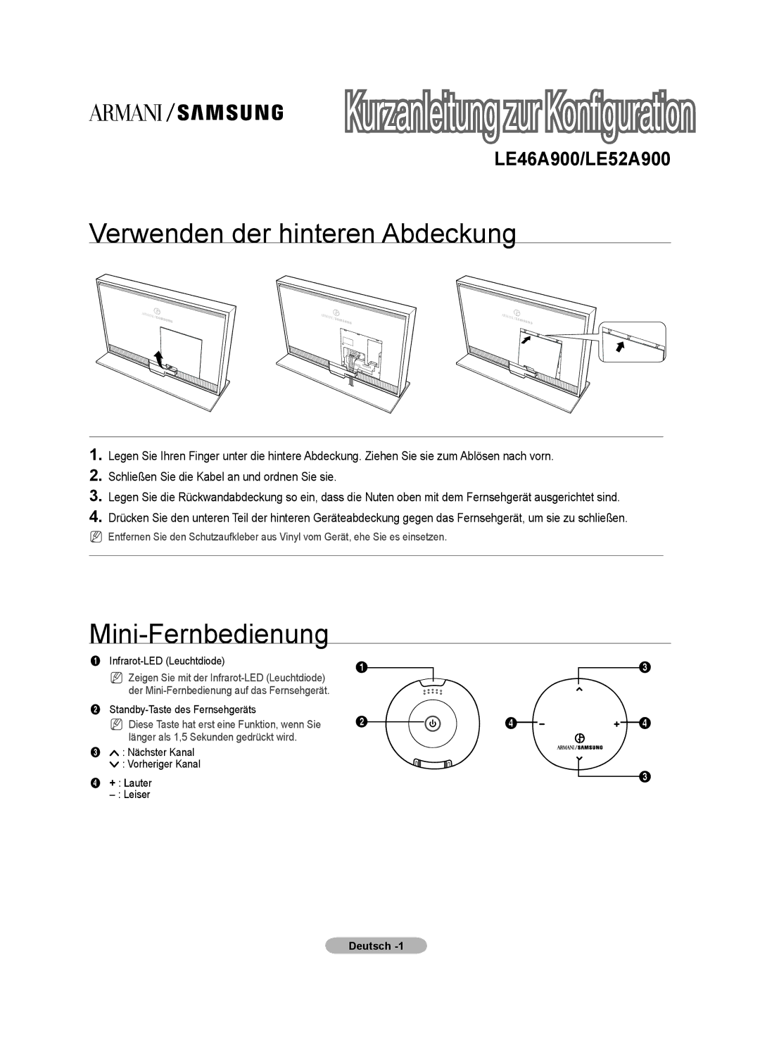 Samsung LE46A900, LE52A900 manual Verwenden der hinteren Abdeckung, Mini-Fernbedienung 