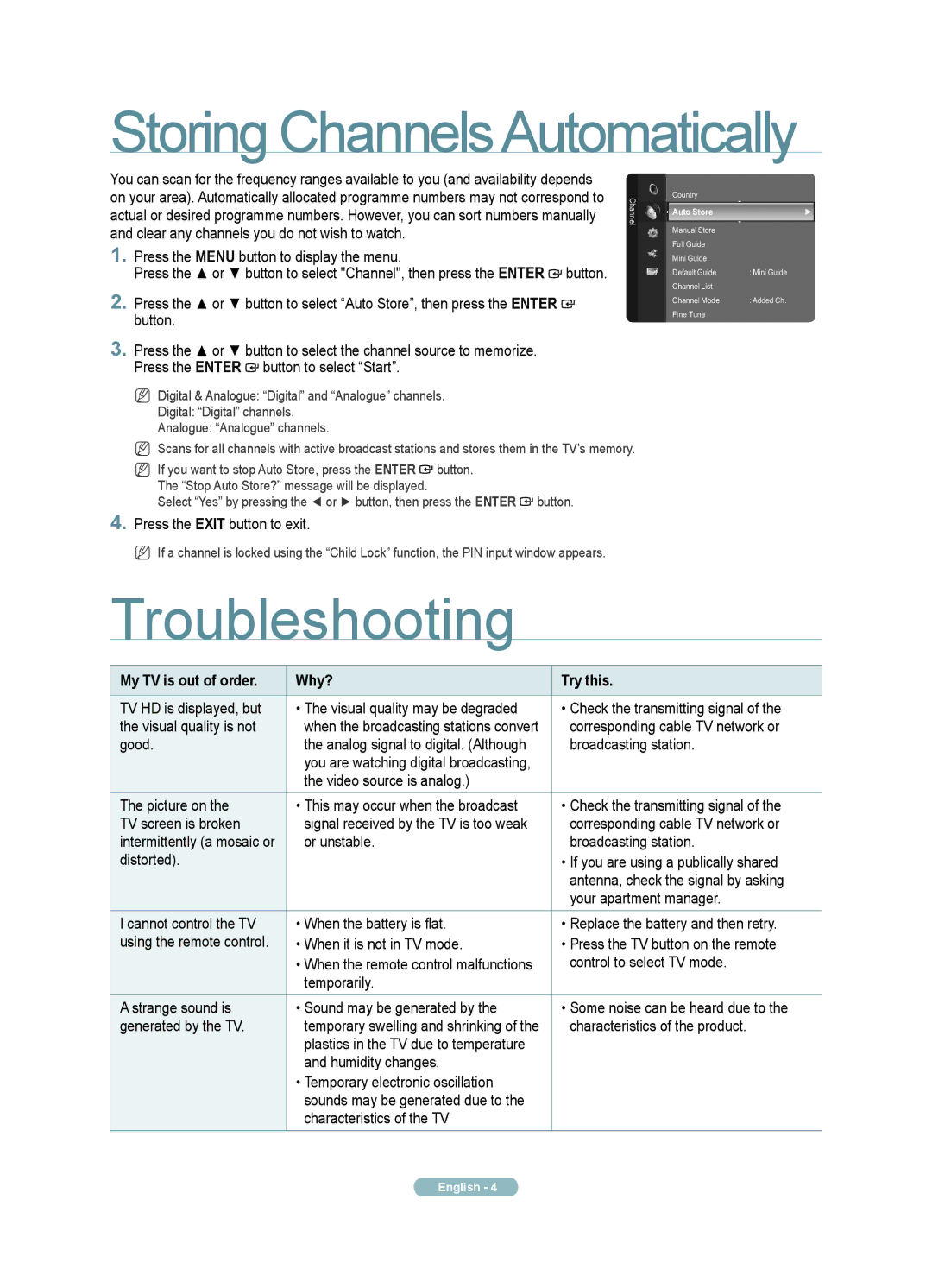 Samsung LE55A956D1M quick start Storing ChannelsAutomatically, Troubleshooting, My TV is out of order Why? Try this 