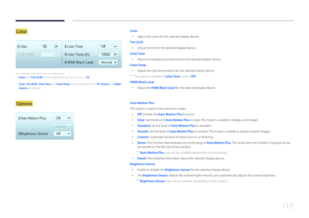 Samsung LE46C, LE55C, LE32C user manual 112, Options, Adjust the colors for the selected display device 