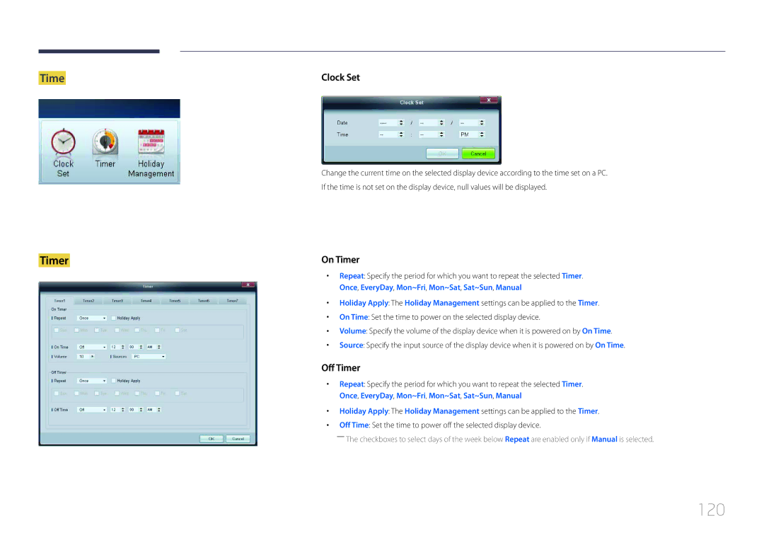 Samsung LE55C, LE46C, LE32C user manual 120, On Time Set the time to power on the selected display device 