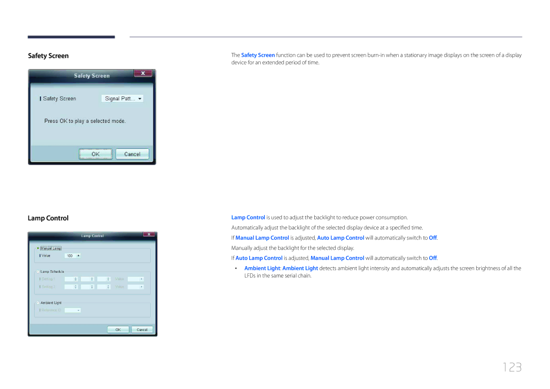Samsung LE55C, LE46C, LE32C user manual 123, Safety Screen Lamp Control 