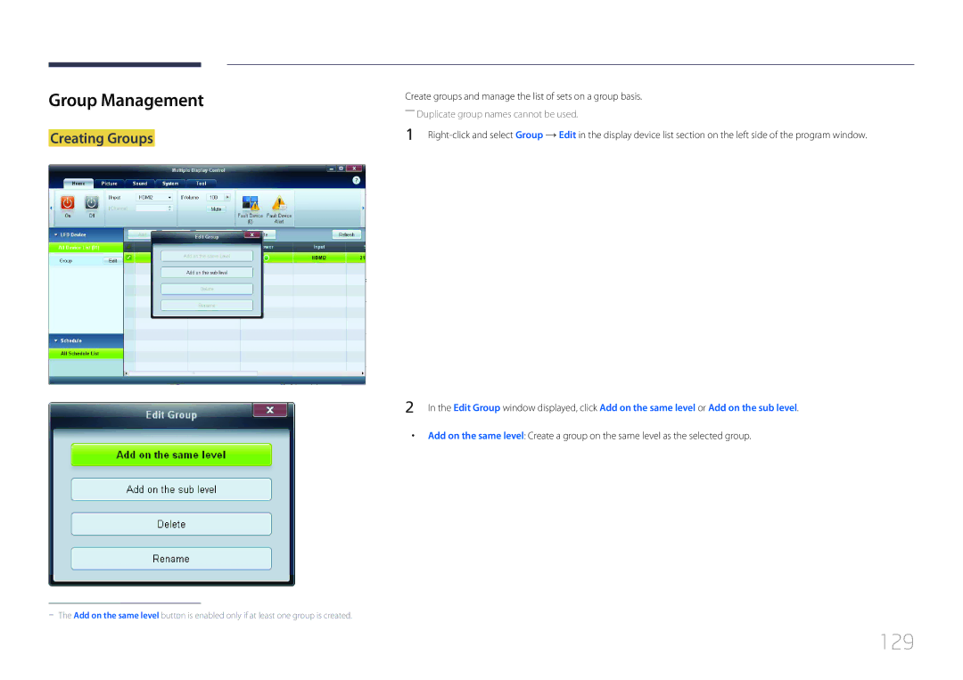 Samsung LE55C, LE46C, LE32C user manual 129, Group Management, Create groups and manage the list of sets on a group basis 