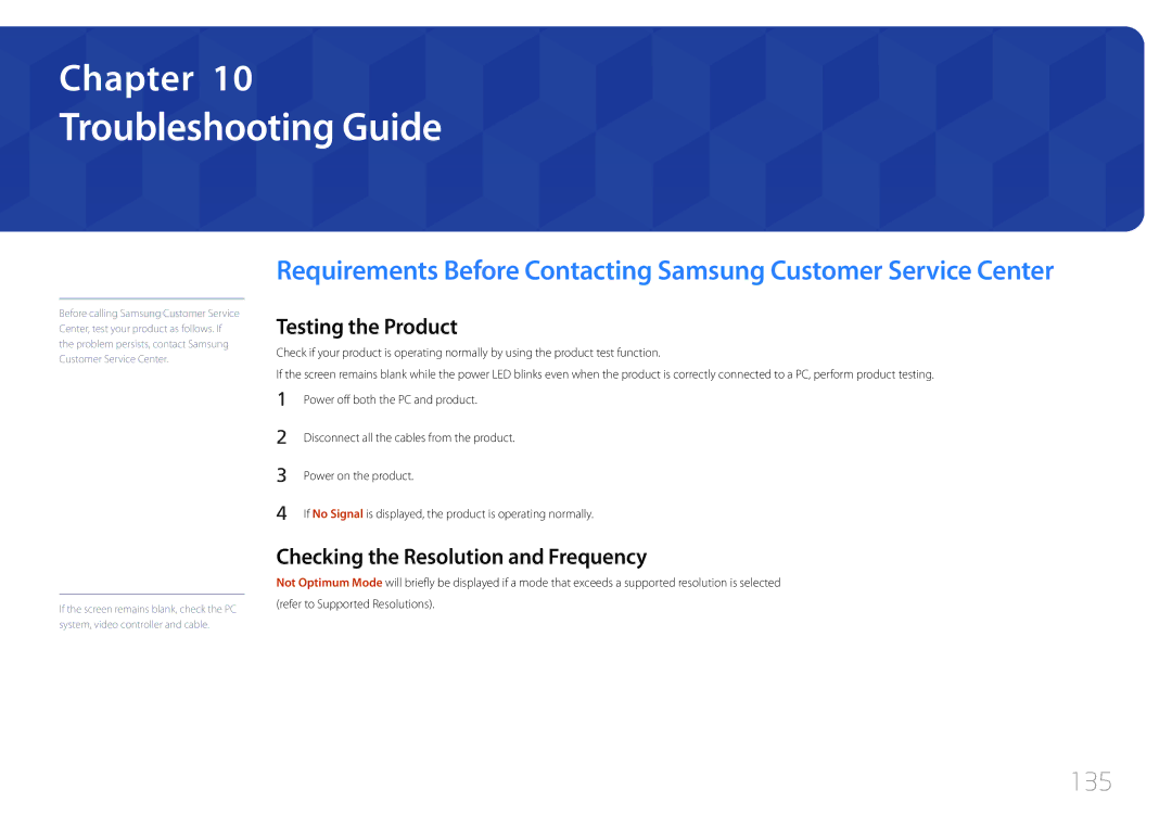 Samsung LE55C, LE46C, LE32C user manual 135, Testing the Product, Checking the Resolution and Frequency 