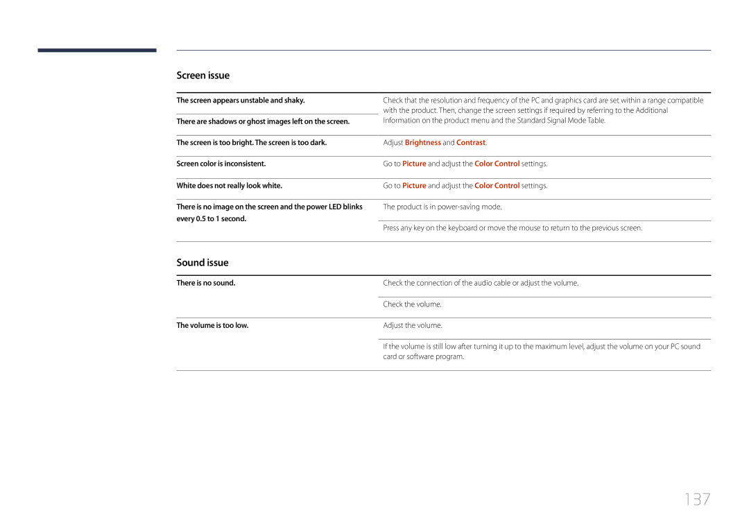 Samsung LE32C, LE55C 137, Sound issue, Adjust Brightness and Contrast, Go to Picture and adjust the Color Control settings 