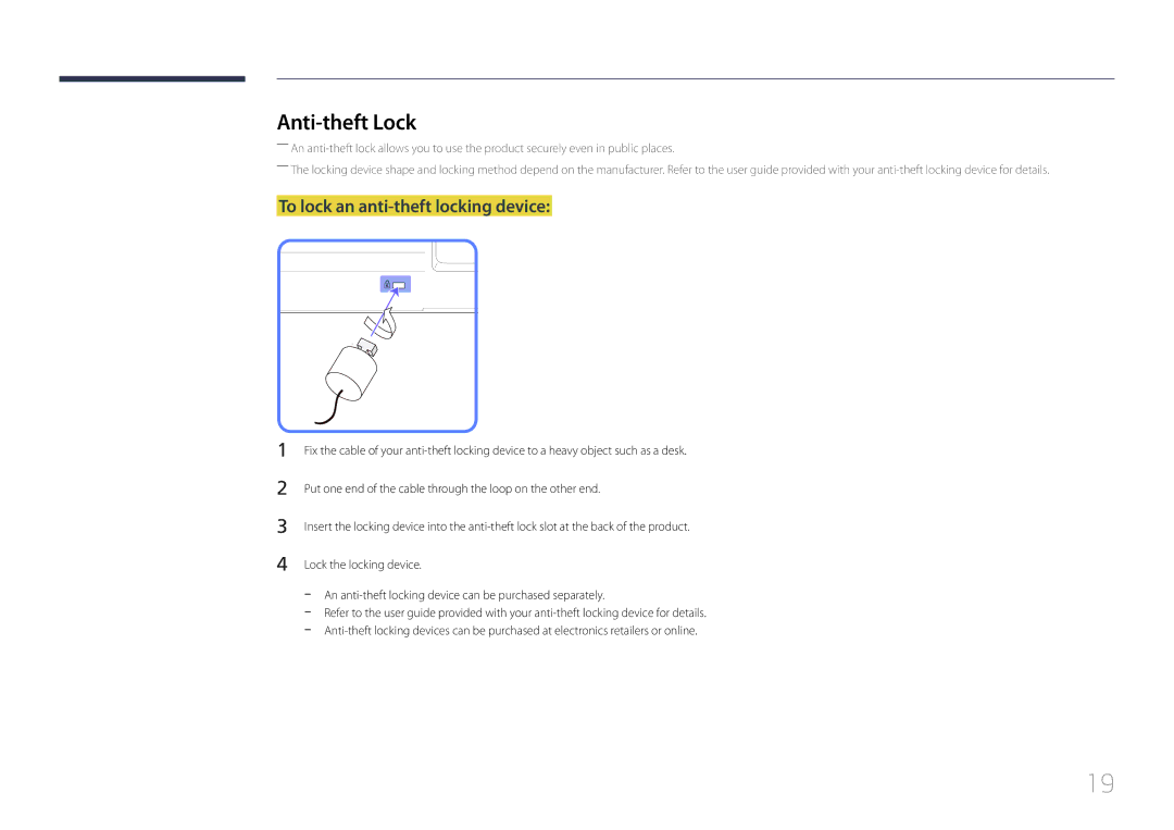 Samsung LE46C, LE55C, LE32C user manual Anti-theft Lock, To lock an anti-theft locking device 