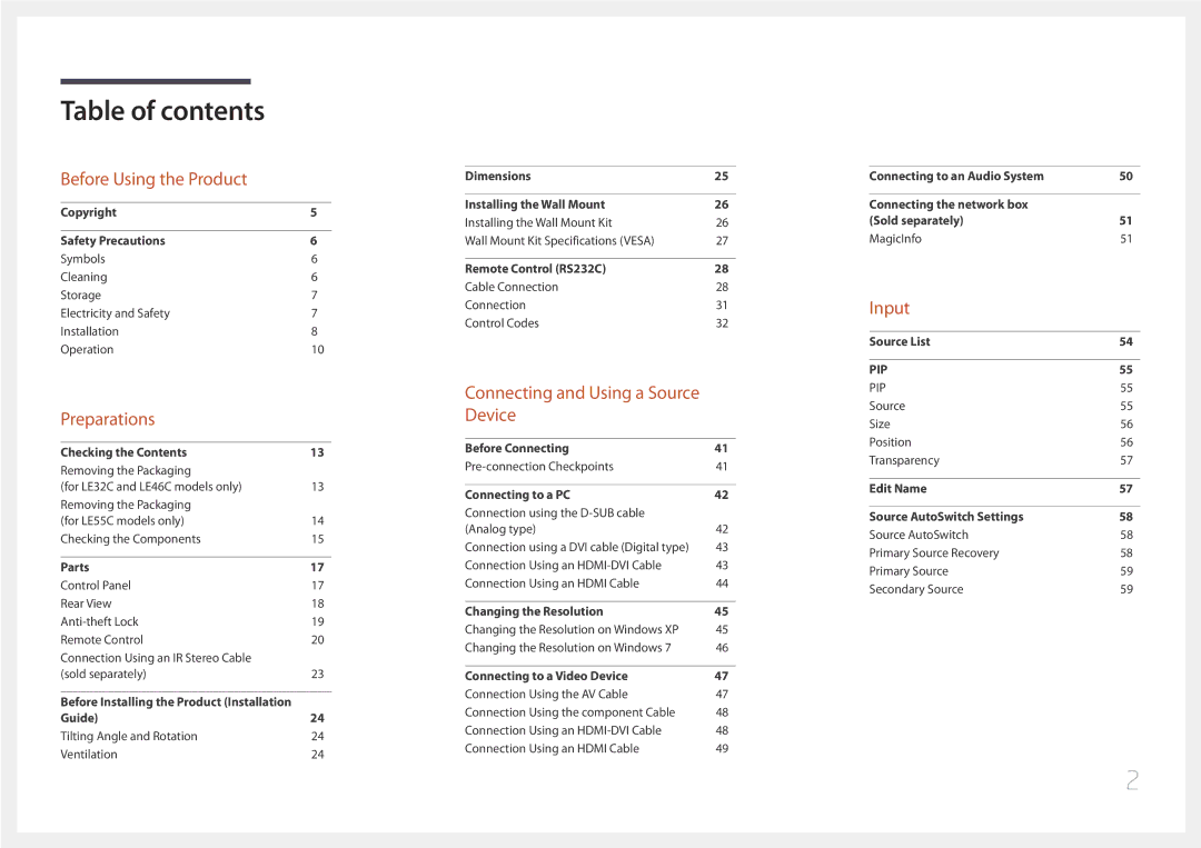 Samsung LE32C, LE55C, LE46C user manual Table of contents 