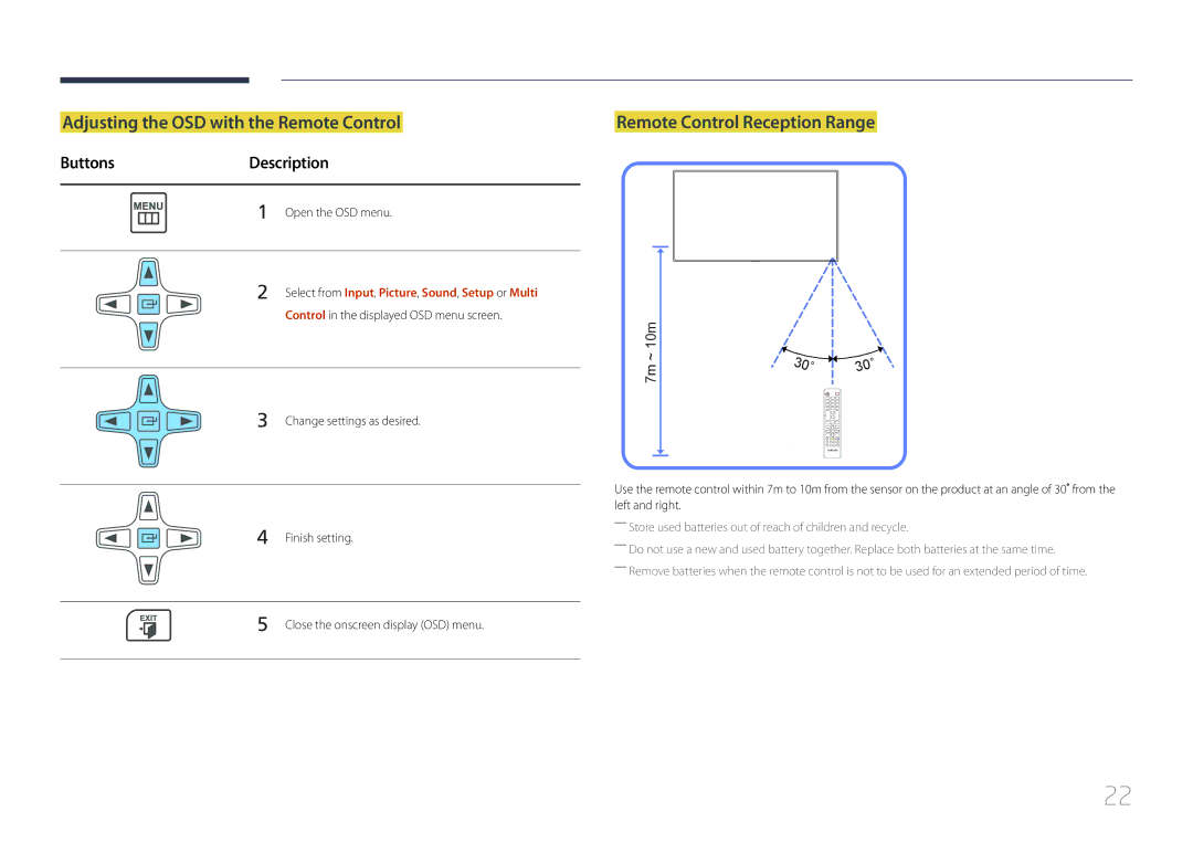 Samsung LE46C, LE55C, LE32C user manual Adjusting the OSD with the Remote Control, Remote Control Reception Range 