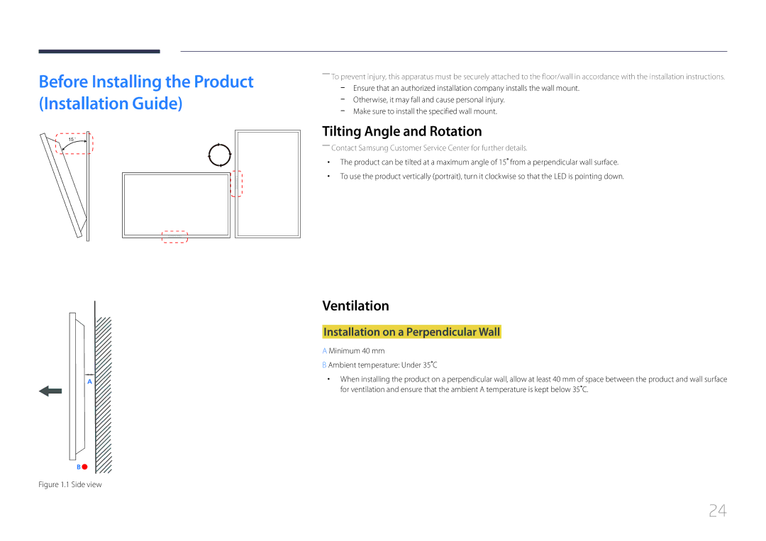 Samsung LE55C, LE46C, LE32C user manual Tilting Angle and Rotation, Ventilation, Installation on a Perpendicular Wall 