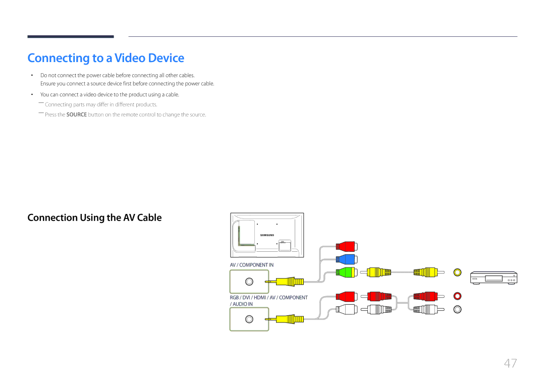 Samsung LE32C, LE55C, LE46C user manual Connecting to a Video Device, Connection Using the AV Cable 