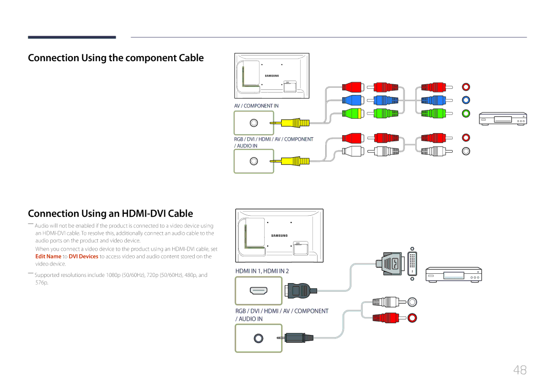 Samsung LE55C, LE46C, LE32C user manual Connection Using the component Cable, Connection Using an HDMI-DVI Cable 