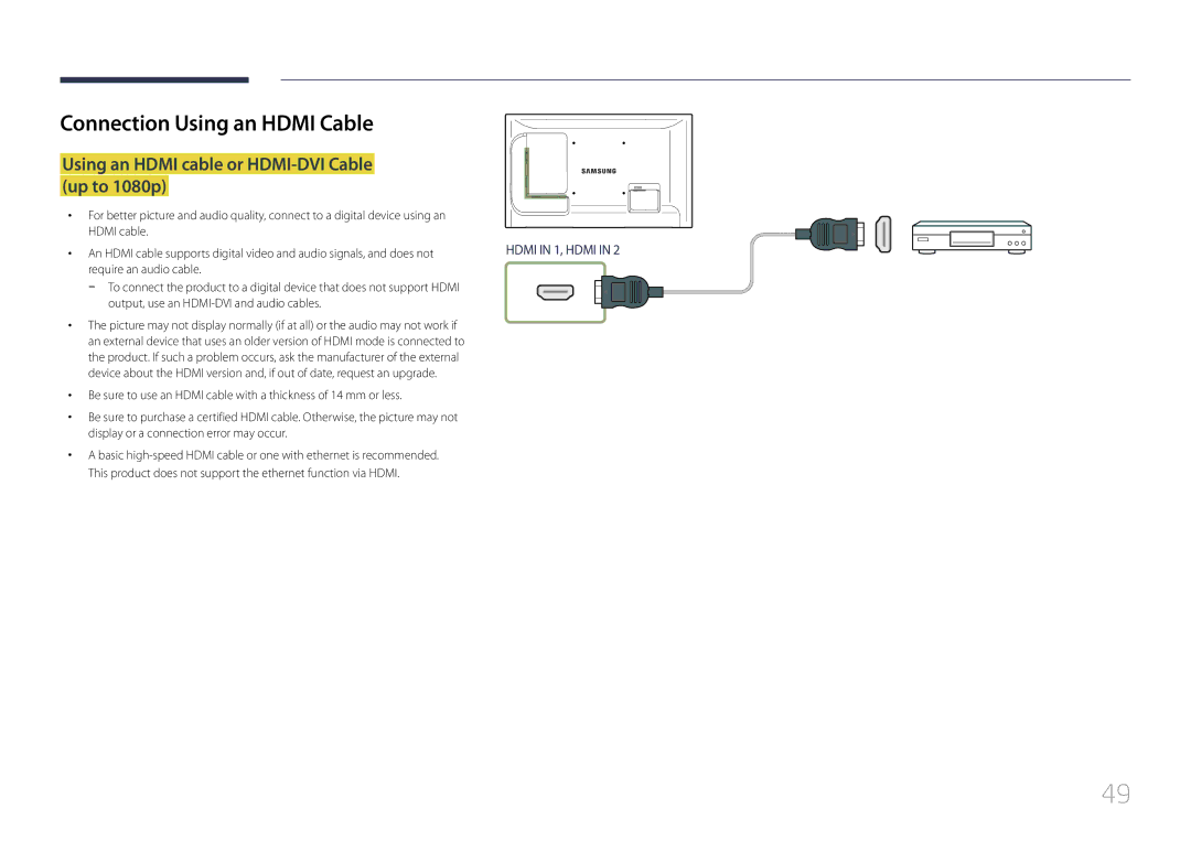 Samsung LE46C, LE55C, LE32C user manual Connection Using an Hdmi Cable, Using an Hdmi cable or HDMI-DVI Cable up to 1080p 