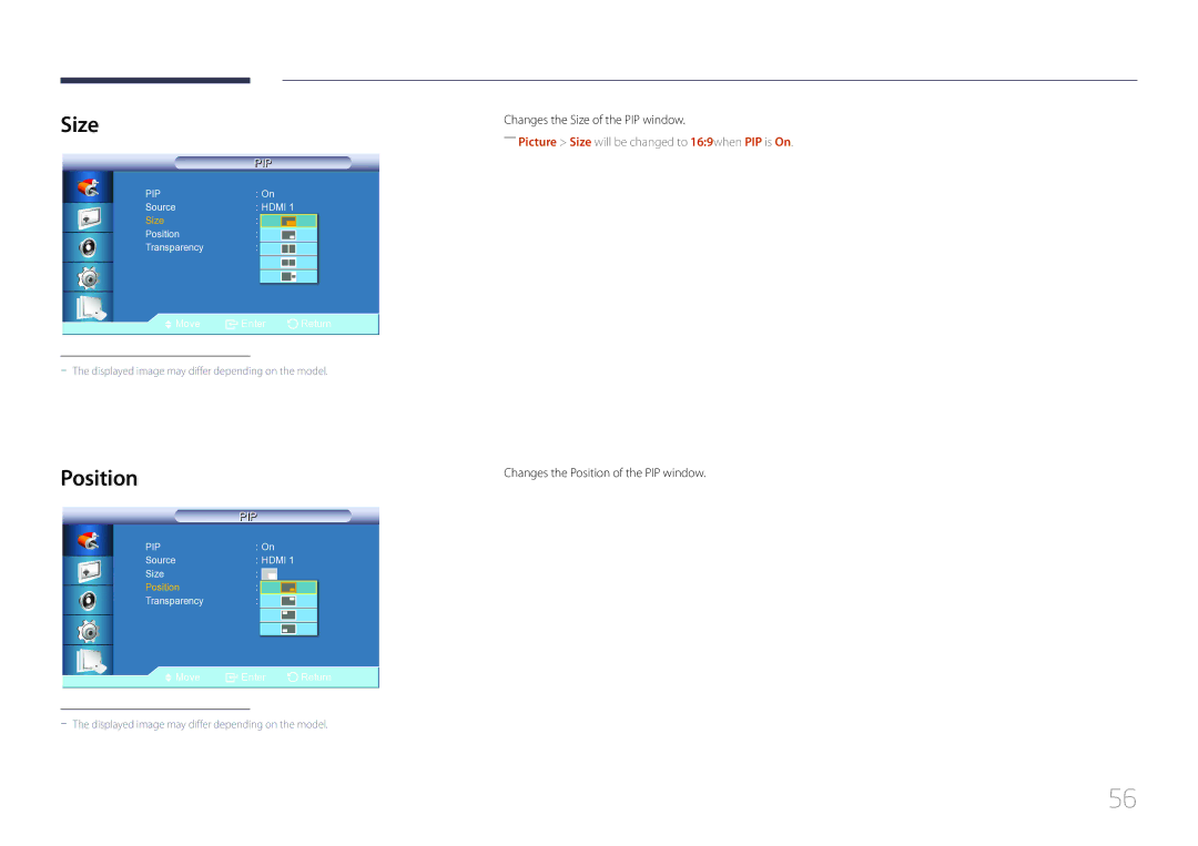 Samsung LE32C, LE55C, LE46C user manual Changes the Size of the PIP window, Changes the Position of the PIP window 