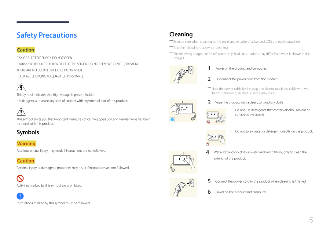 Samsung LE55C, LE46C, LE32C user manual Safety Precautions, Cleaning, Symbols, Power off the product and computer 