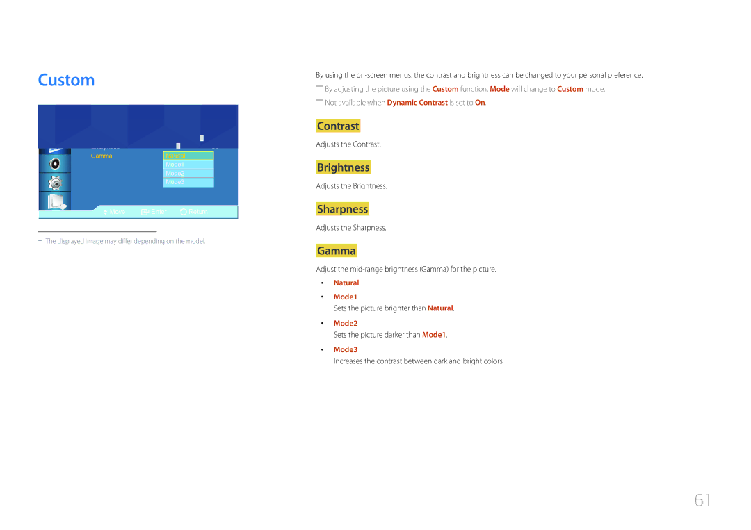 Samsung LE46C, LE55C, LE32C user manual Custom, Contrast, Brightness, Sharpness, Gamma 