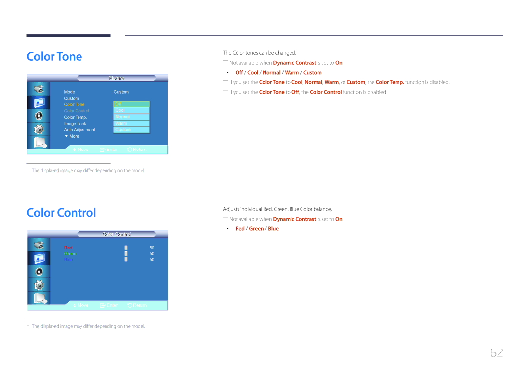 Samsung LE32C, LE55C, LE46C user manual Color Tone, Color Control, Off / Cool / Normal / Warm / Custom, Red / Green / Blue 