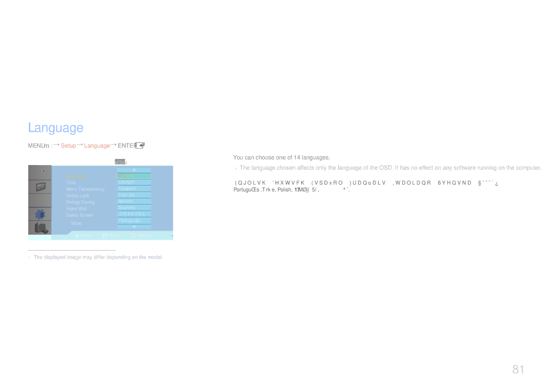 Samsung LE55C, LE46C, LE32C user manual Menu m Setup Language Enter, You can choose one of 14 languages 