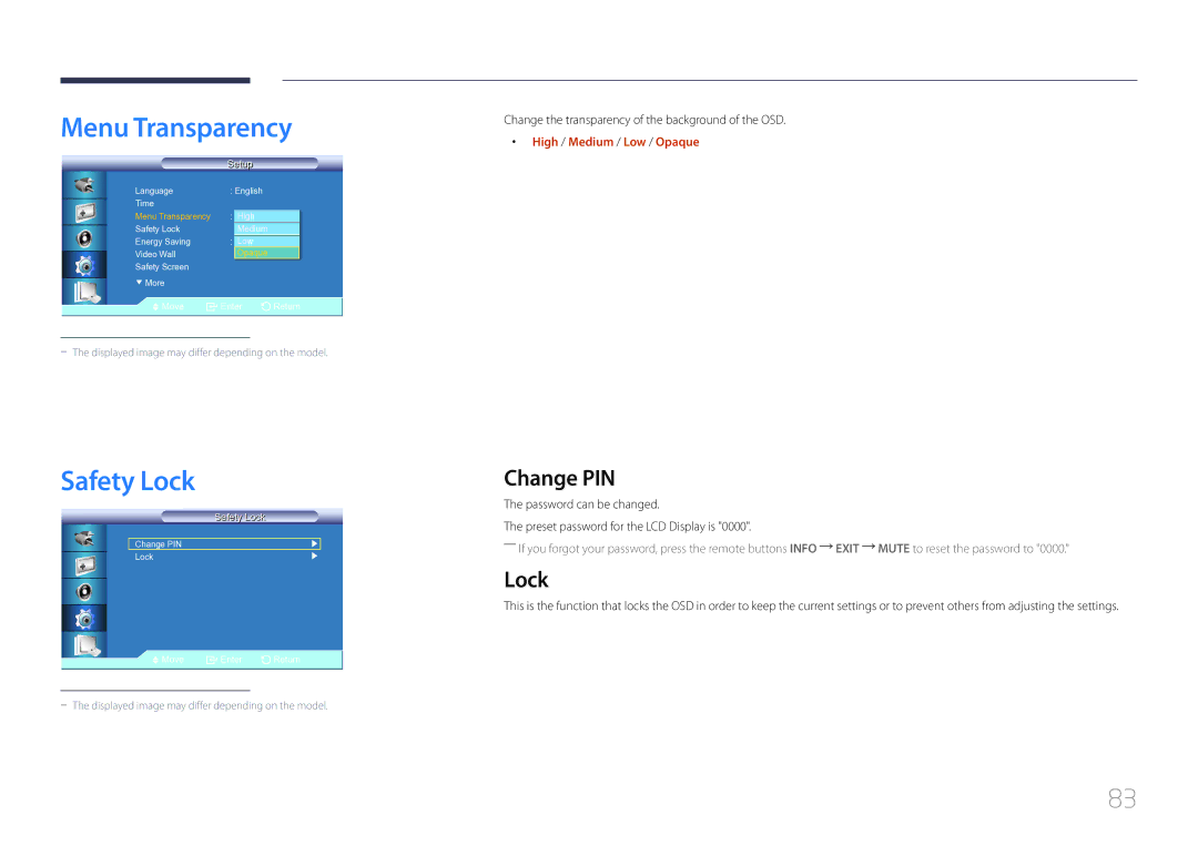 Samsung LE32C, LE55C, LE46C user manual Menu Transparency, Safety Lock, Change PIN, High / Medium / Low / Opaque 