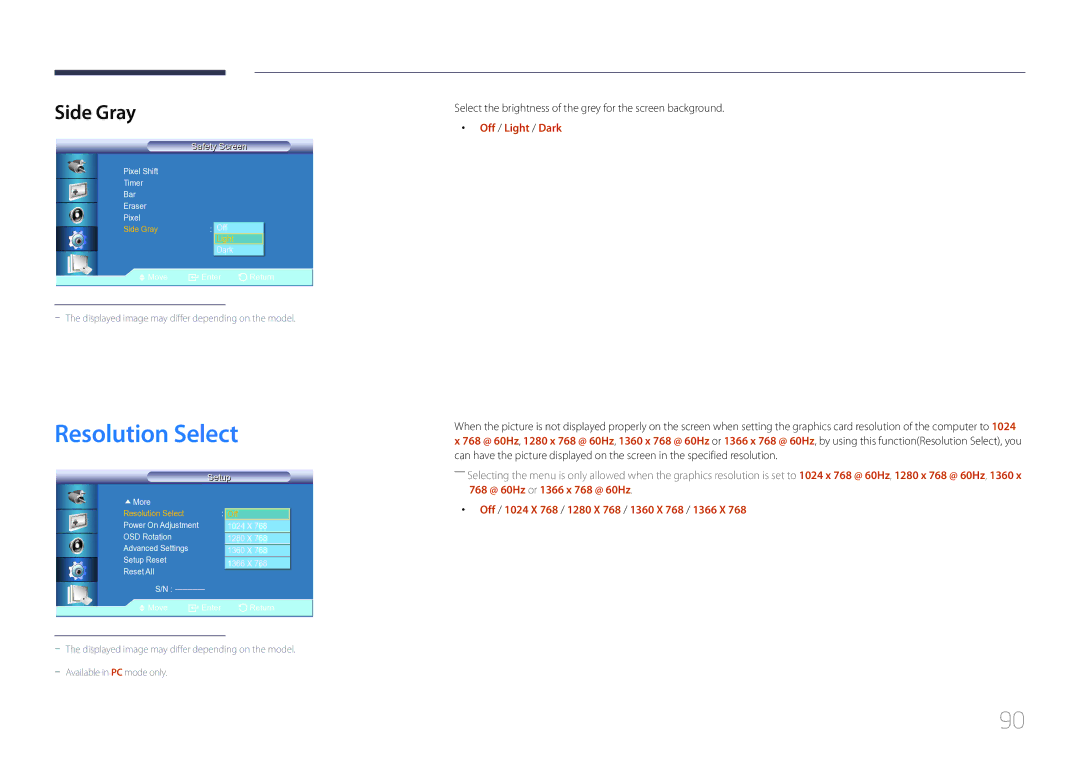 Samsung LE55C, LE46C, LE32C Resolution Select, Side Gray, Select the brightness of the grey for the screen background 