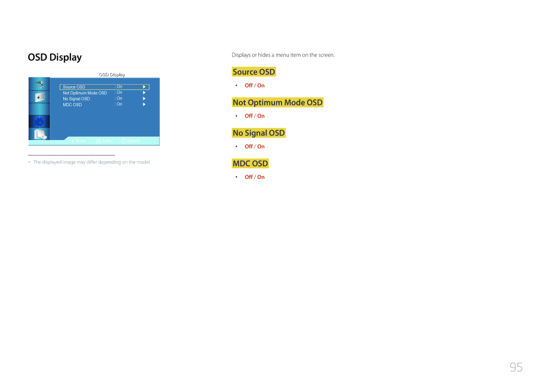 Samsung LE32C OSD Display, Source OSD, Not Optimum Mode OSD, No Signal OSD, Displays or hides a menu item on the screen 