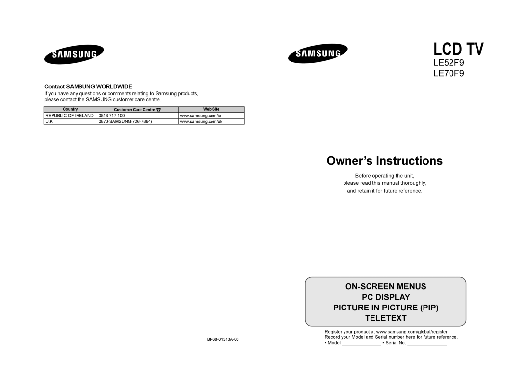 Samsung LE52F9, LE70F9 manual Lcd Tv, Model Serial No 