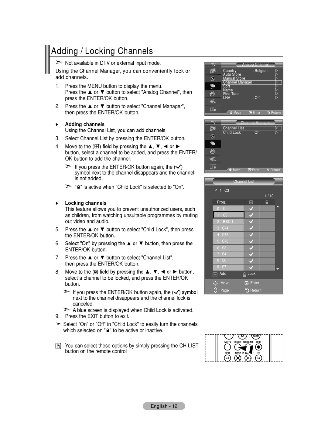 Samsung LE70F9, LE52F9 manual Adding / Locking Channels, Adding channels, Locking channels, ENTER/OK button 