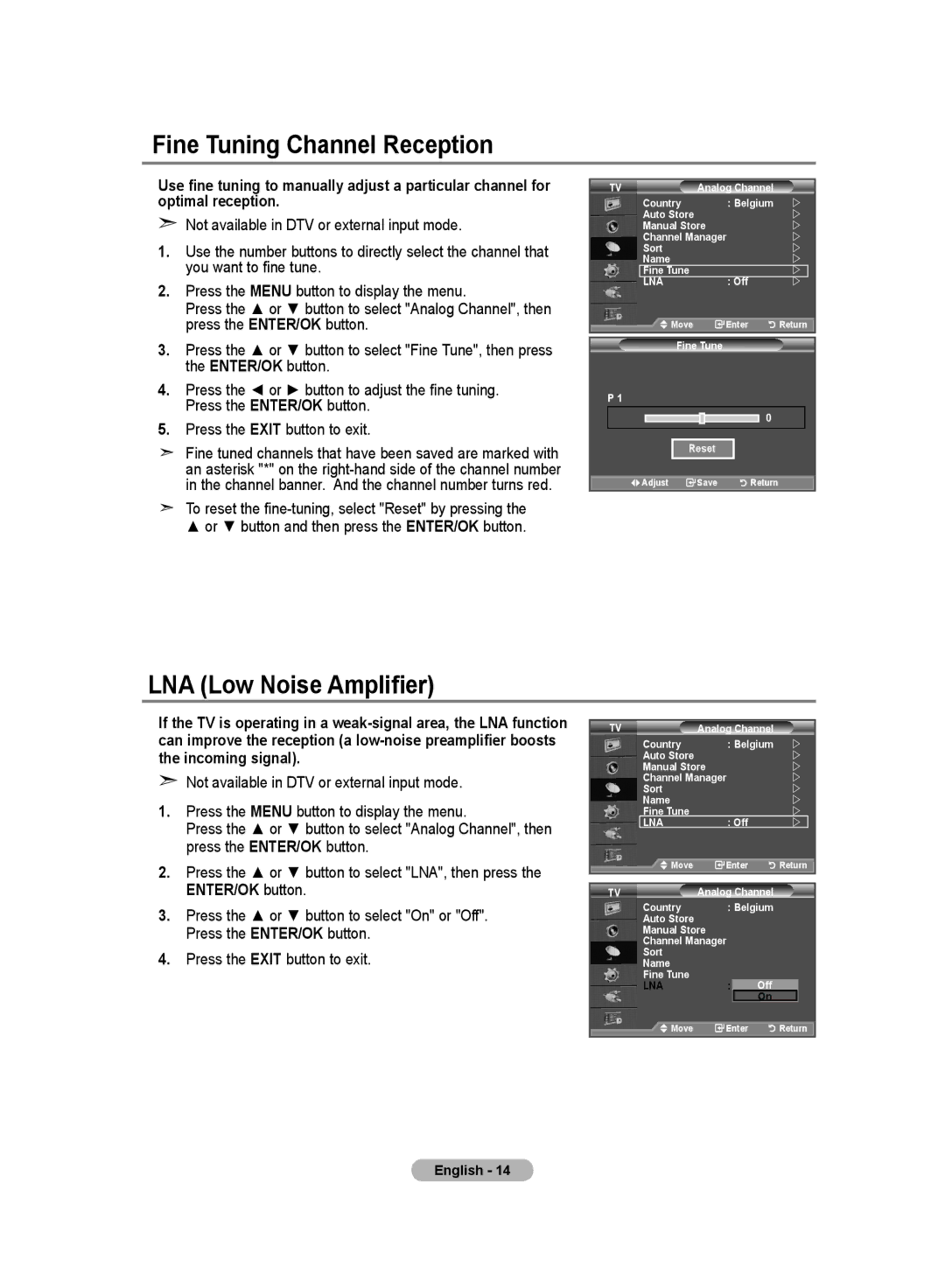 Samsung LE70F9, LE52F9 manual Fine Tuning Channel Reception, LNA Low Noise Amplifier 