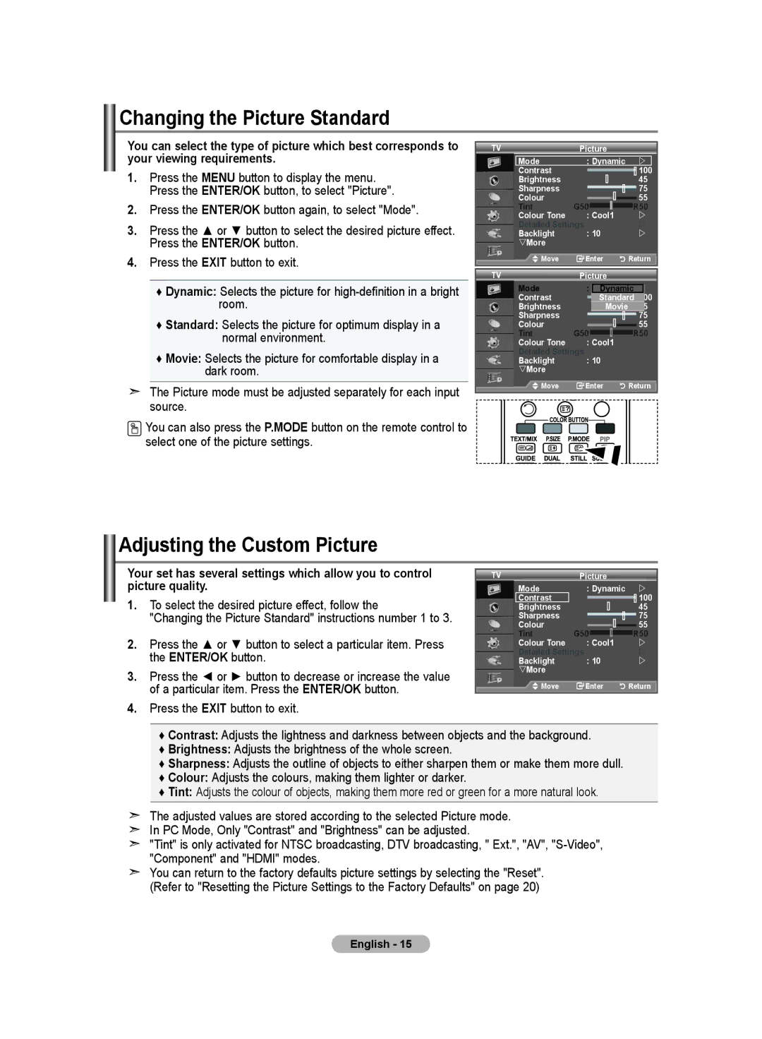 Samsung LE52F9 Changing the Picture Standard, Adjusting the Custom Picture, To select the desired picture effect, follow 