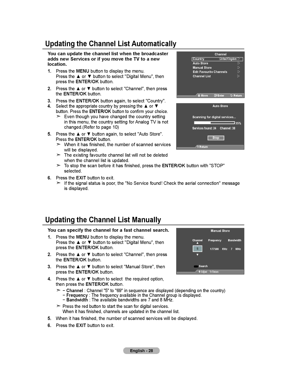 Samsung LE70F9, LE52F9 manual Updating the Channel List Automatically, Updating the Channel List Manually, Location 